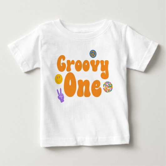 ファンキー ワン レトロ 70's 1歳 誕生日 オレンジ ベビーTシャツ (正面)