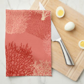 ファンコーラルプリント、シェードオブコーラルオレンジ キッチンタオル (四つ折り)