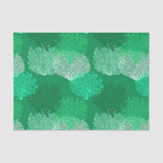 ファンコーラルプリント、ターコイズ、ジェードグリーンの色合い 薄葉紙 (正面)