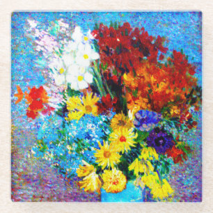 ファンゴッホの花が青い花瓶 ガラスコースター