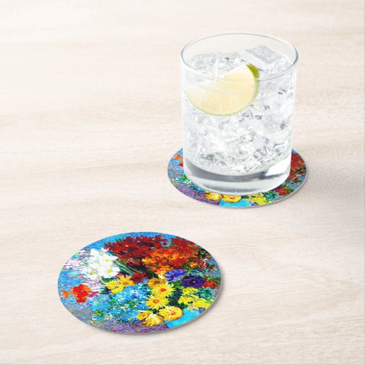 ファンゴッホの花が青い花瓶 ラウンドペーパーコースター (インサイチュ)