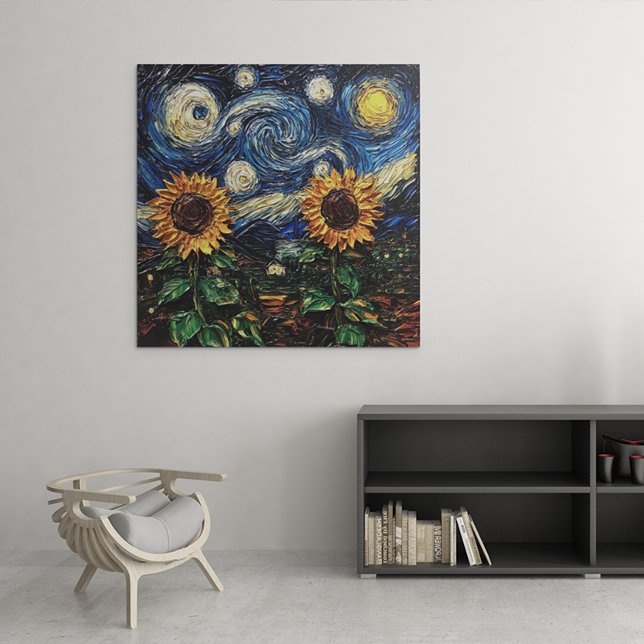 ファンゴッホひまわりの花と星空の夜 メタルプリント (クリエイターアップロード済み)