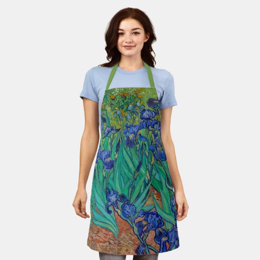 ファンゴッホアイリスフローラグリーン絵画ズ エプロン (着用した状態)