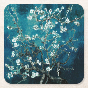 ファンゴッホアーモンドの花:暗いティール(緑がかった色) スクエアペーパーコースター