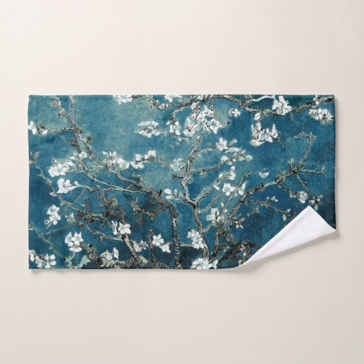 ファンゴッホアーモンドの花:暗いティール(緑がかった色) バスタオルセット (ハンドタオル)