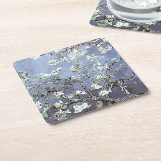 ファンゴッホアーモンド花咲きスチールブルー スクエアペーパーコースター (アングル)