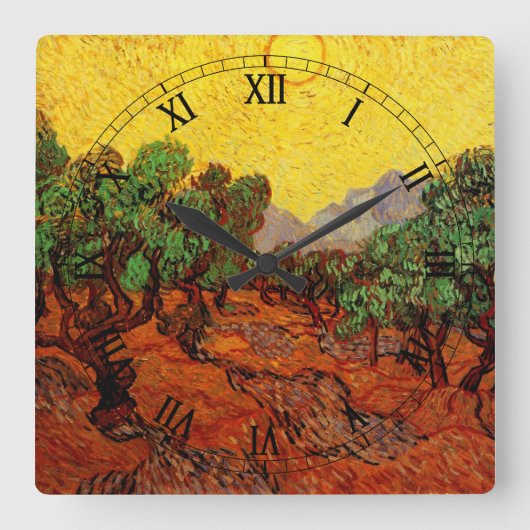 ファンゴッホオリーブツリーイエロースカイと太陽 スクエア壁時計 (正面)