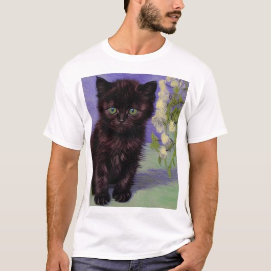 ファンゴッホスタイル猫と白い花 Tシャツ (正面)