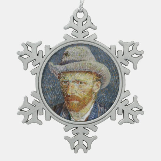 ファンゴッホセルフポートレ感じイグ絵画ハットの芸術 スノーフレークピューターオーナメント (正面)