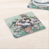 ファンゴッホピンクのバラの花瓶 スクエアペーパーコースター (アングル)