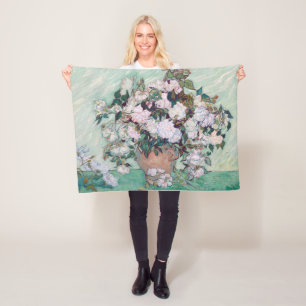 ファンゴッホピンクのバラの花瓶 フリースブランケット