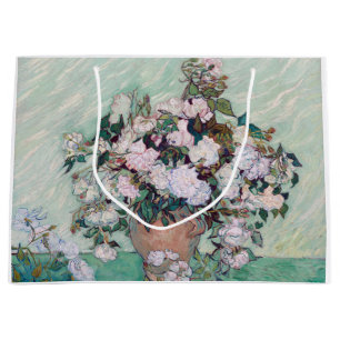 ファンゴッホピンクのバラの花瓶 ラージペーパーバッグ