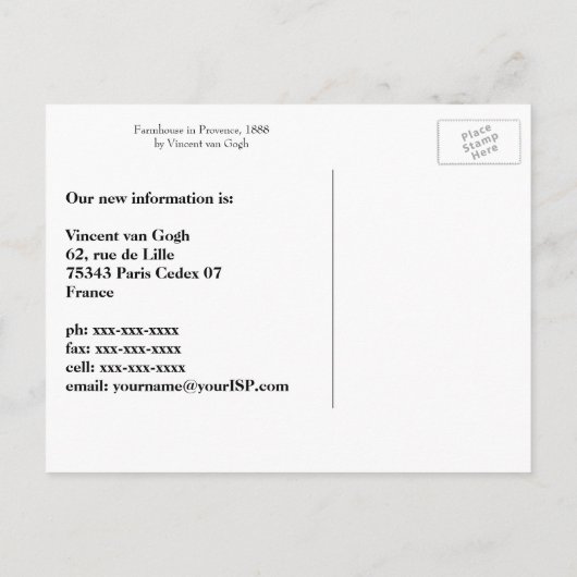 ファンゴッホファームハウスinプロヴァンス、住所の変更 案内ポストカード (裏面)