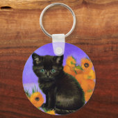 ファンゴッホブラックひまわり付き子猫 キーホルダー (正面)