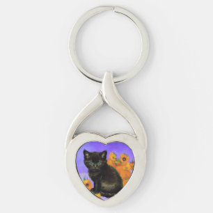 ファンゴッホブラックひまわり付き子猫 キーホルダー