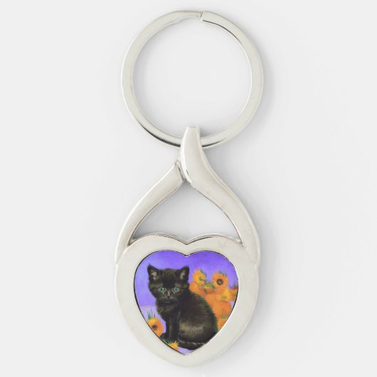 ファンゴッホブラックひまわり付き子猫 キーホルダー (正面)