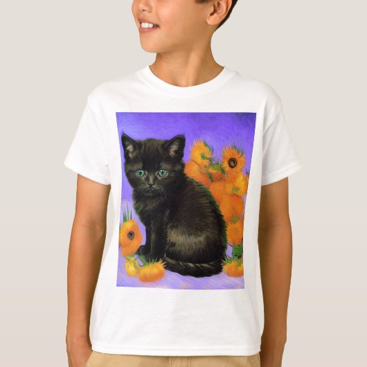 ファンゴッホブラックひまわり付き子猫 Tシャツ (正面)
