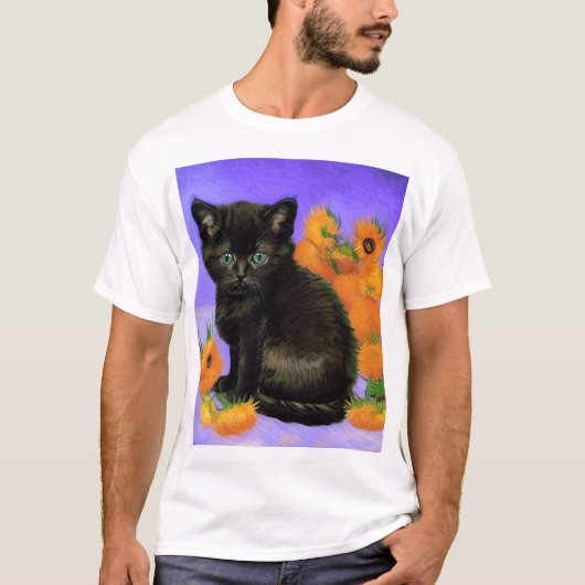ファンゴッホブラックひまわり付き子猫 Tシャツ (正面)