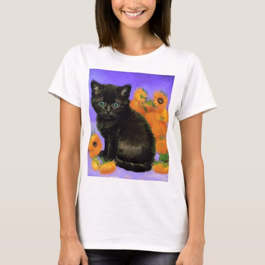 ファンゴッホブラックひまわり付き子猫 Tシャツ (正面)