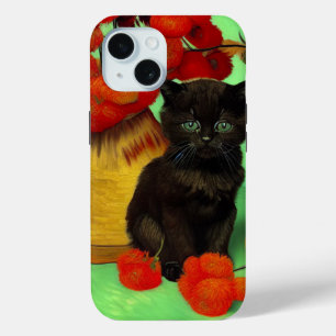 ファンゴッホブラックキッテンレッドフラワー iPhone 15ケース