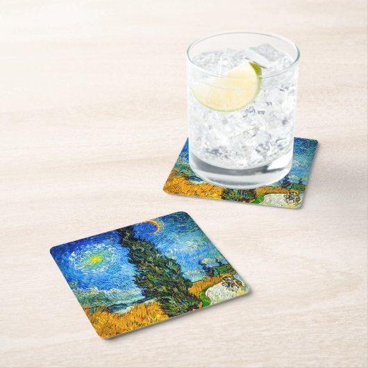 ファンゴッホロードとサイプレスとスター スクエアペーパーコースター (インサイチュ)