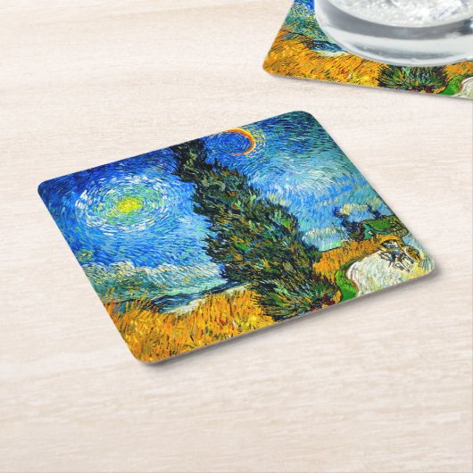 ファンゴッホロードとサイプレスとスター スクエアペーパーコースター (アングル)