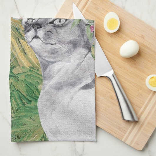 ファンゴッホ小麦畑ファンシーと猫 キッチンタオル (四つ折り)