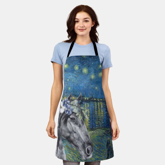 ファンゴッホ星空の夜とブラックホース エプロン (着用した状態)