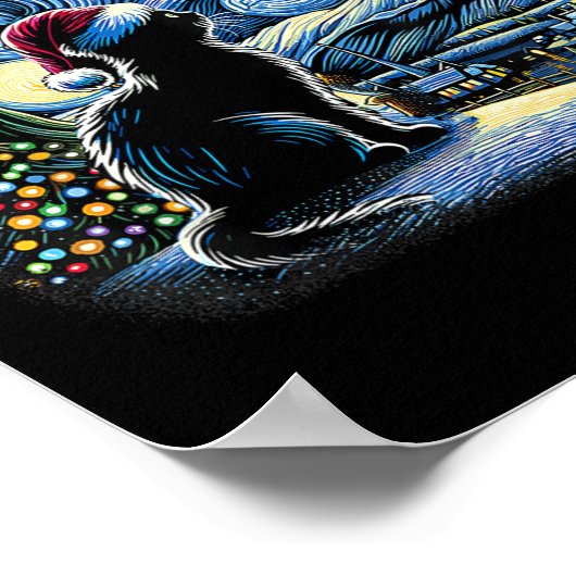 ファンゴッホ星空の夜キャットおもしろいブラックキャットクリスマ ポスター (角)