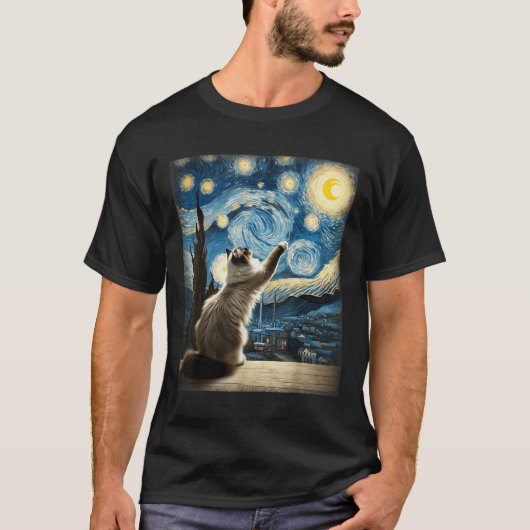 ファンゴッホ星空の夜スタイル芸術的ラグドール猫 Tシャツ (正面)
