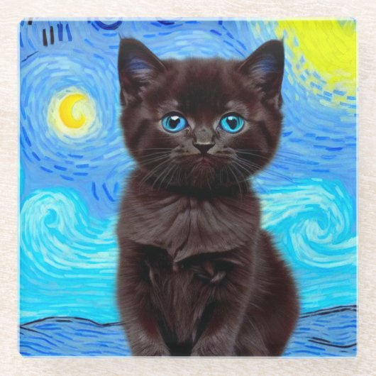 ファンゴッホ星空の夜黒猫 ガラスコースター (正面)