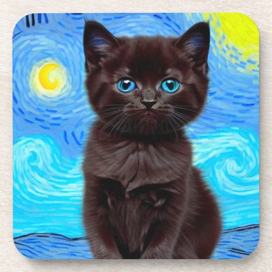 ファンゴッホ星空の夜黒猫 コースター (正面)