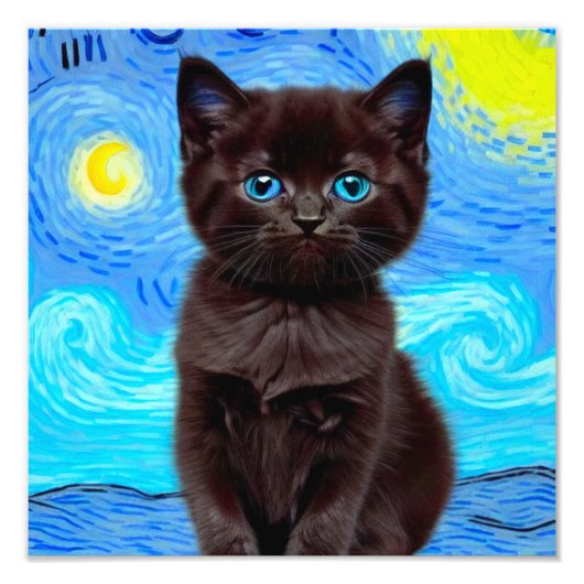 ファンゴッホ星空の夜黒猫 フォトプリント            (正面)