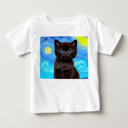 ファンゴッホ星空の夜黒猫 ベビーTシャツ (正面)