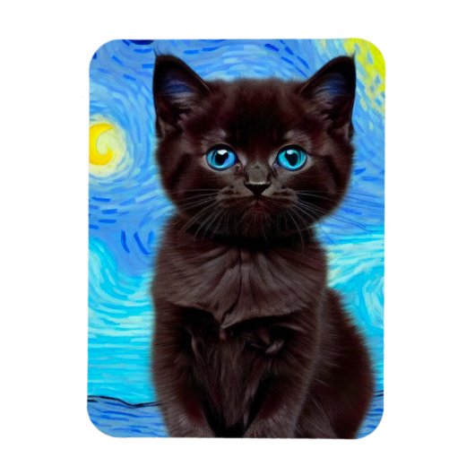 ファンゴッホ星空の夜黒猫 マグネット (縦)