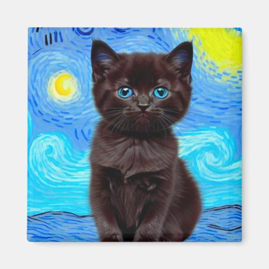 ファンゴッホ星空の夜黒猫 マグネット (正面)