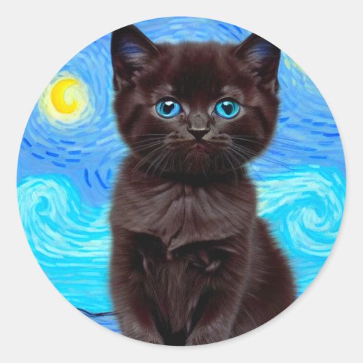 ファンゴッホ星空の夜黒猫 ラウンドシール (正面)