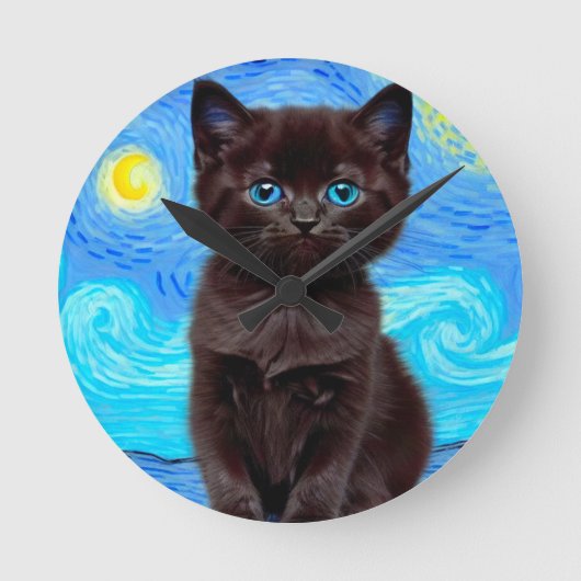 ファンゴッホ星空の夜黒猫 ラウンド壁時計 (正面)