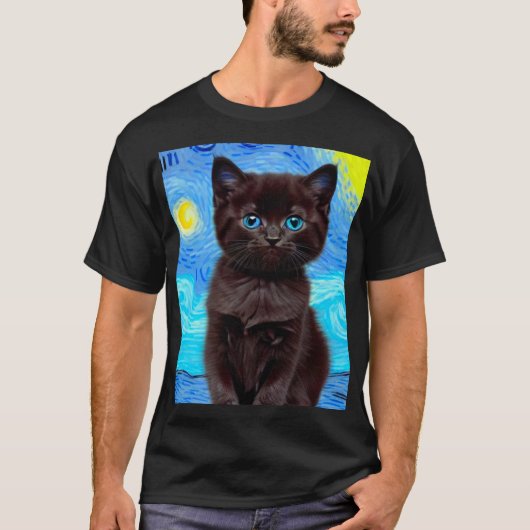 ファンゴッホ星空の夜黒猫 Tシャツ (正面)