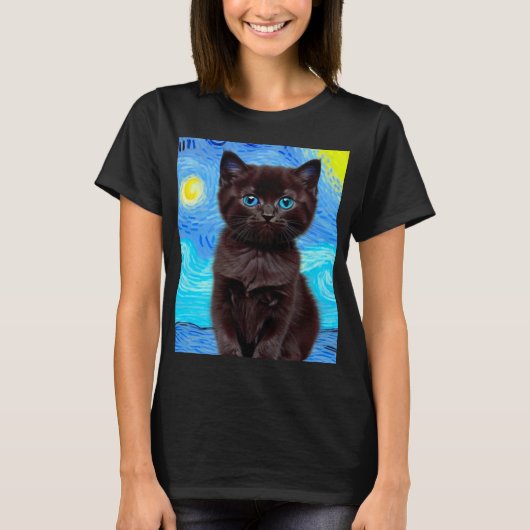 ファンゴッホ星空の夜黒猫 Tシャツ (正面)