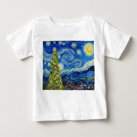 ファンゴッホ星空の夜 – クリスマスツリー ベビーTシャツ (正面)