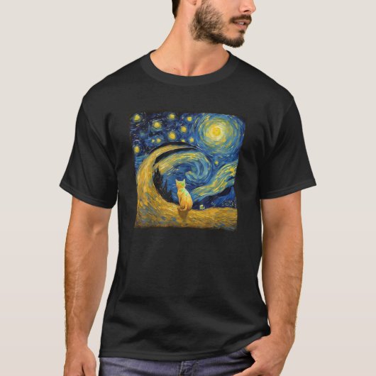 ファンゴッホ星空ナイトシャツ虎猫かわいい猫 Tシャツ (正面)