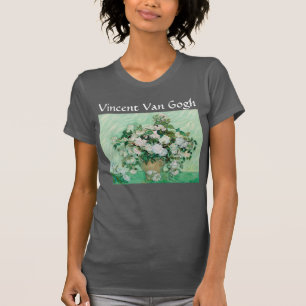 ファンゴッホ花瓶とピンクのバラのヴィンテージ花アート Tシャツ