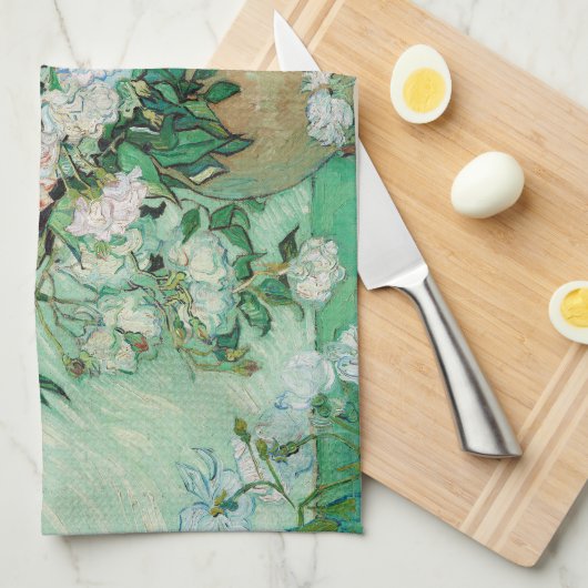 ファンゴッホ花瓶とピンクのバラの花絵画の数 キッチンタオル (四つ折り)