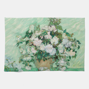 ファンゴッホ花瓶とピンクのバラの花絵画の数 キッチンタオル