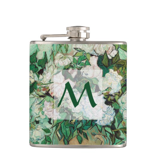 ファンゴッホ花瓶とピンクローズフローラアートモノグラム フラスク (正面)