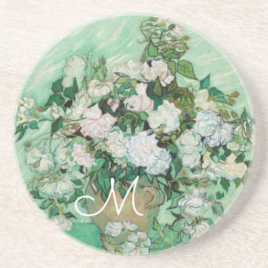 ファンゴッホ花瓶とピンクローズヴィンテージアートモノグラム コースター (正面)