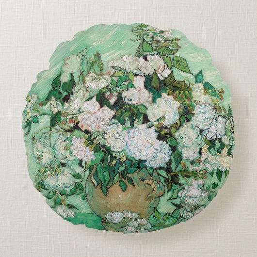 ファンゴッホ花瓶とピンクローズヴィンテージフローラアート ラウンドクッション (正面)