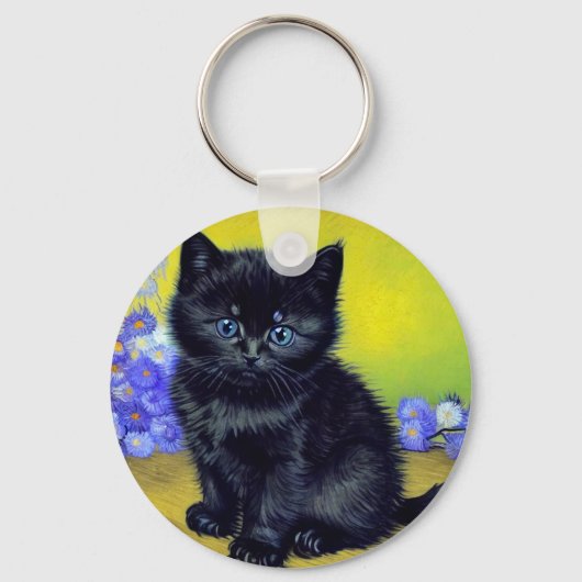 ファンゴッホ黒猫紫の花 キーホルダー (正面)