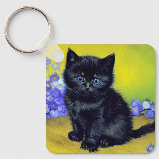 ファンゴッホ黒猫紫の花 キーホルダー (正面)